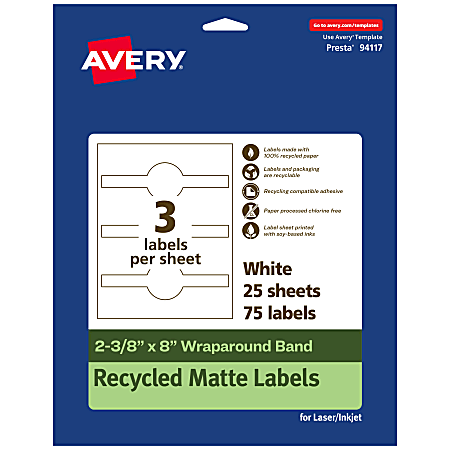 Avery® Recycled Paper Labels, 94117-EWMP25, Cigar, 2-3/8" x 8", White, Pack Of 75