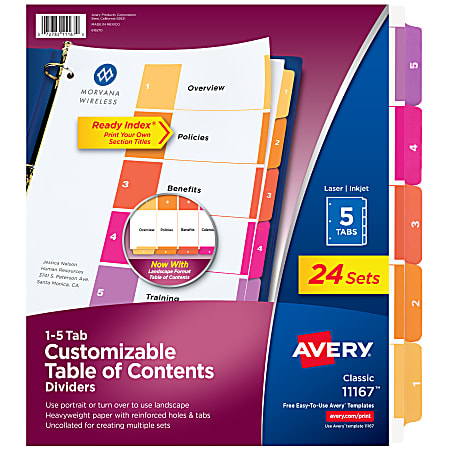 Avery® Ready Index® 1-5 Tab Binder Dividers With Customizable Table of Contents, 8-1/2" x 11", 5 Tab, White/Multicolor, Box Of 24 Sets