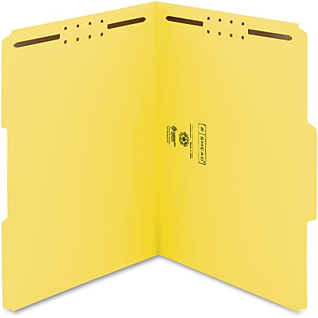 Smead WaterShed®CutLess® Fastener Folders - Letter - 8 1/2" x 11" Sheet Size - 2 x 2K Fastener(s) - 1/3 Tab Cut - Assorted Position Tab Location - 11 pt. Folder Thickness - Yellow - Recycled - 50 / Box