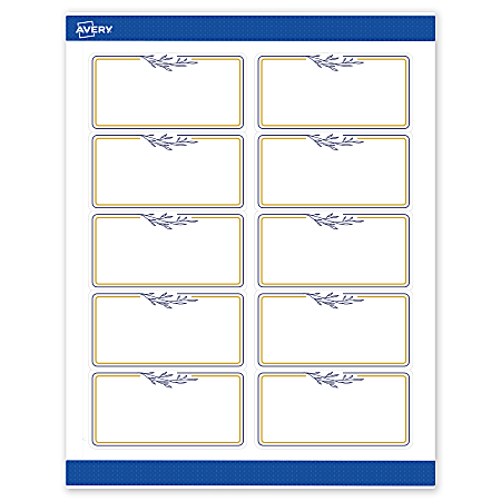 Avery® Printable Labels With Sure Feed® Technology, S00-DNR-PRWMP10, Rectangle, 2" x 4", Matte White, Preprinted Gold & Navy Border with Florals Design, Pack Of 100