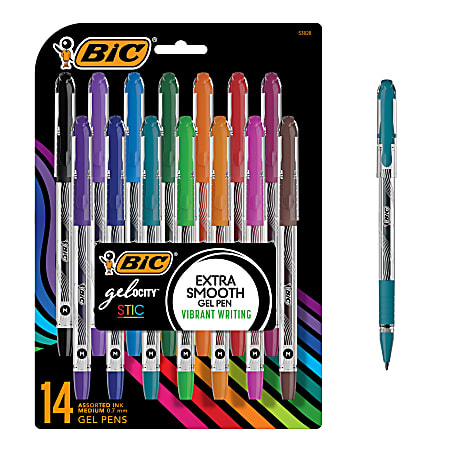 BIC Gelocity Stic Gel Pens, Medium Point, 0.7 mm, Clear Barrel, Assorted Ink, Pack of 14 Pens