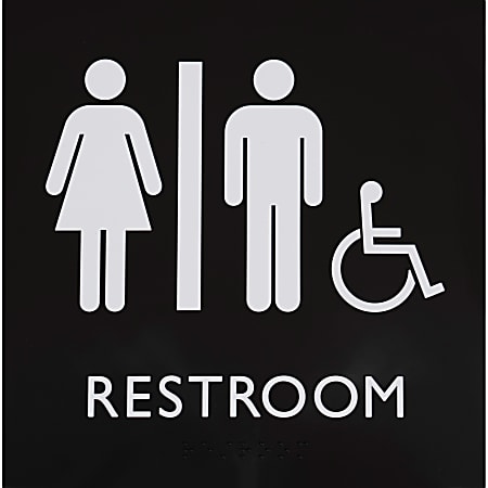 Lorell Unisex Handicap Restroom Sign - Print/Message "Restroom (Man/Woman/Wheelchair)" - 8"x 8" - Square Shape - 02655