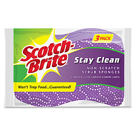 Scotch-Brite -Brite Stay Clean Scrub Sponges - 4.8" Height x 3.2" Width x 850 mil Thickness - 3/Pack - Cellulose - Purple