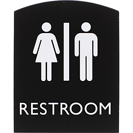 Lorell Arched Unisex Restroom Sign - 1 Each - 6.8" Width x 8.5" Height - Rectangular Shape - Surface-mountable - Easy Readability, Braille - Plastic - Black