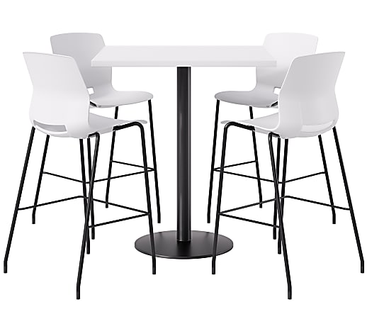 KFI Studios Proof Bistro Square Pedestal Table With Imme Bar Stools, Includes 4 Stools, 43-1/2”H x 36”W x 36”D, Designer White Top/Black Base/White Chairs