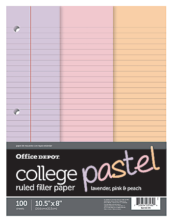 Office Depot® Brand Filler Paper, 8" x 10 1/2", 16 lb, Blue/Pastel Pink/Yellow, 100 Sheets