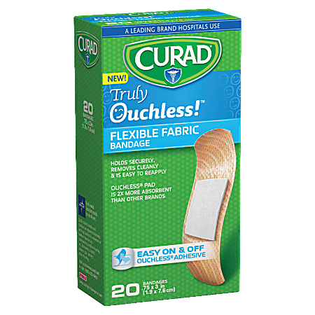 CURAD® Truly Ouchless™ Self-Adhesive Bandage Strips, 3/4" x 3", Beige, Pack Of 20