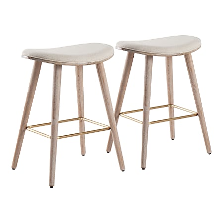 LumiSource Saddle Counter Stools, Cream Seat/White Washed Frame, Set Of 2 Stools