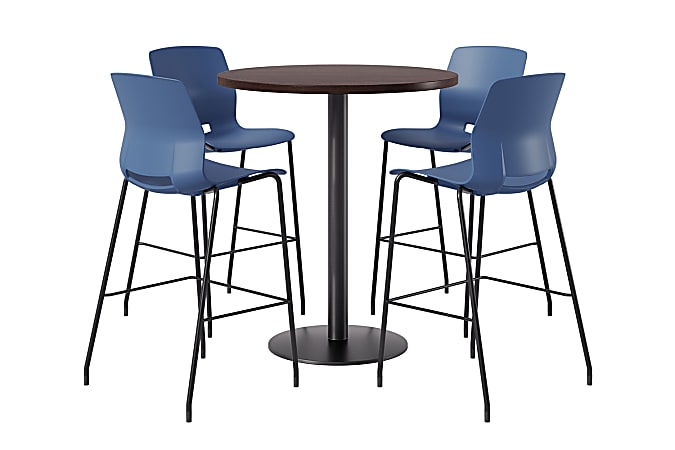 KFI Studios Proof Bistro Round Pedestal Table With Imme Barstools, 4 Barstools, 42", Cafelle/Black/Navy Stools