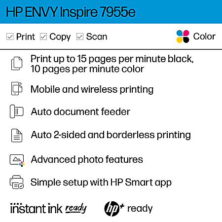 HP ENVY Inspire 7955e Wireless All-in-One Color Printer with 3 months free Instant Ink with HP+ (1W2Y8A)