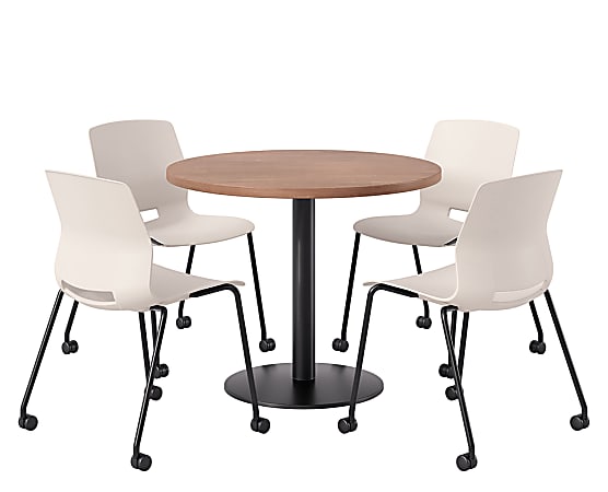 KFI Studios Proof Cafe Round Pedestal Table With Imme Caster Chairs, Includes 4 Chairs, 29”H x 36”W x 36”D, River Cherry Top/Black Base/Moonbeam Chairs