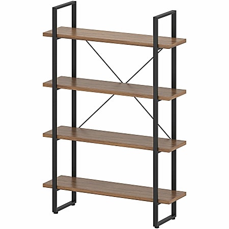 Lorell SOHO Rustic Metal Frame Bookcase, 57.5"H x 39.4"W x 11.8"D, 4 Shelve(s), Band Edge, Walnut, Sturdy, Durable