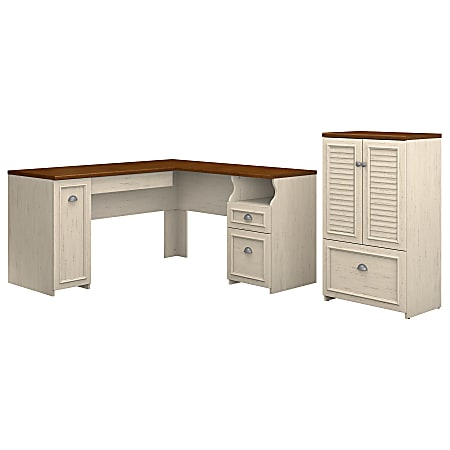 Bush Business Furniture Fairview 60"W L-Shaped Corner Desk And Storage Cabinet With Drawer, Antique White/Tea Maple, Standard Delivery