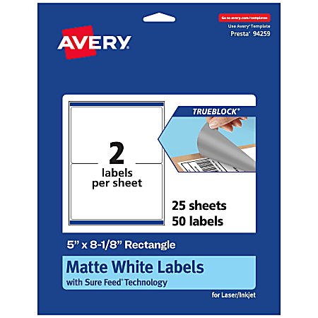 Avery® TrueBlock® Labels With Sure Feed®, 94259-TWMP25, Rectangle, 5" x 8-1/8", Matte White, Pack Of 50