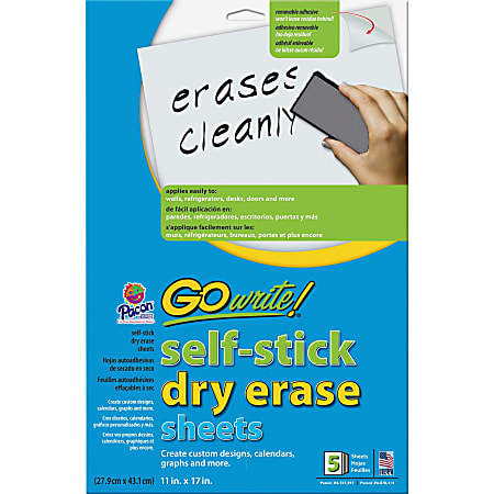 GoWrite!™ Self Stick Non-Magnetic Dry-Erase Whiteboard Sheets, 11" x 17", White, Pack Of 5