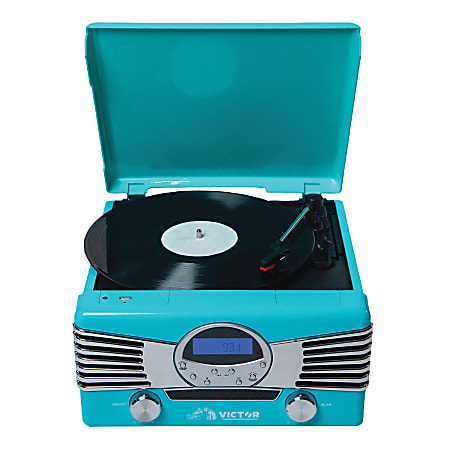 Victor Diner VHRP-1400 Dual-Bluetooth® Belt-Drive 7-In-1 Music Center With Turntable And AM/FM Radio And CD Player, 10"H x 8.5"W x 15.5"D, Turquoise