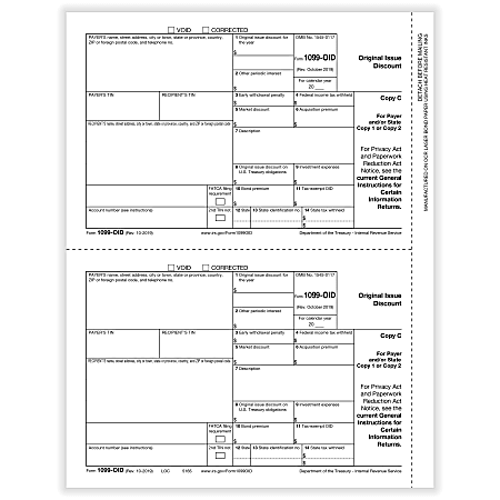 ComplyRight™ 1099-OID Tax Forms, 2-Up, Payer Copy C and/or State/Copy, Laser, 8-1/2" x 11", Pack Of 100 Forms