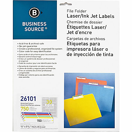 Business Source Laser/Inkjet File Folder Labels - 21/32"x 3 7/16" - Permanent Adhesive - Rectangle - Laser, Inkjet - 26101