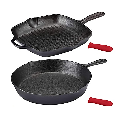MegaChef Pre-Seasoned 9 Piece Cast Iron Skillet Set with Lids and Red  Silicone Holder