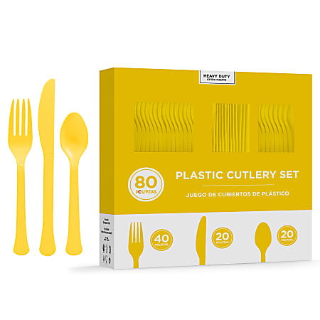 Amscan 8016 Solid Heavyweight Plastic Cutlery Assortments, Yellow Sunshine, 80 Pieces Per Pack, Set Of 2 Packs