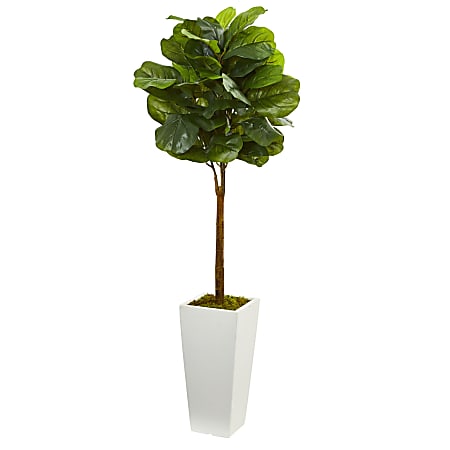 Nearly Natural 4'H Plastic Fiddle Leaf Tree With Tower Planter, Green/White