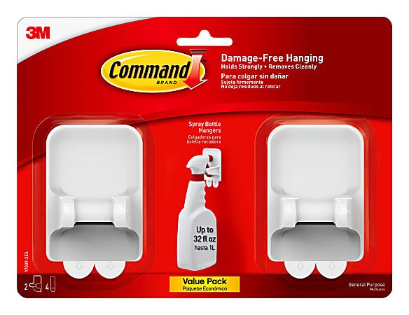Command Spray Bottle Hangers, 2 Bottle Hangers, 4 White Adhesive Strips, Damage Free Hanging Picture Hangers, No Tools Wall Hanging Strips