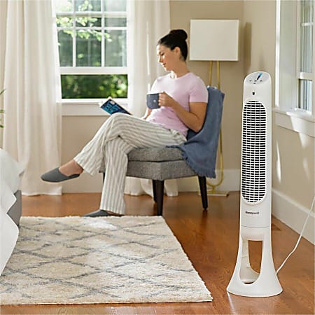 Honeywell QuietSet 5 Tower Fan 5 Speed Oscillating Remote Timer off Function Quiet Sturdy Electronic Control Panel Touch Operation 40 Height x 8.3 Width x 10.8 Depth Plastic White Office Depot