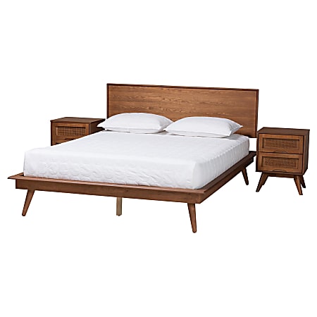 Baxton Studio Melora Mid-Century Modern Finished Wood/Rattan 3-Piece Bedroom Set, King Size, Walnut Brown