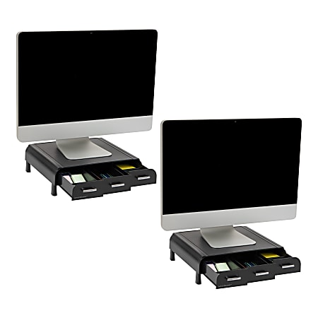 Mind Reader Monitor Stand 3 Storage Drawers Desktop Organizers, 4"H x 13"W x 13-1/2"D, Black, Set of 2 Stands