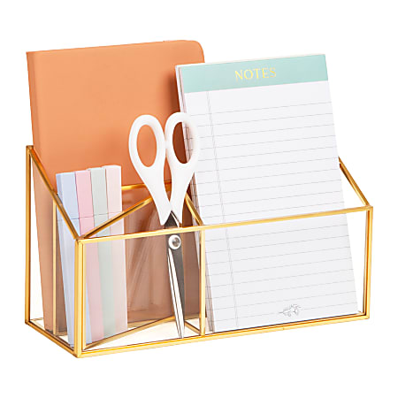 Mind Reader 4-Compartment Glass Desktop Organizer, 5-1/2”H x 4”W x 9-13/16”D, Clear/Copper, Total Qty 1