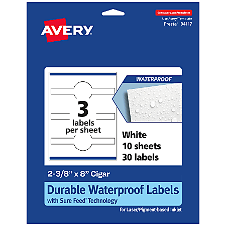 Avery® Waterproof Permanent Labels With Sure Feed®, 94117-WMF10, Cigar, 2-3/8" x 8", White, Pack Of 30