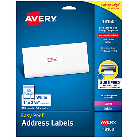 Avery® Easy Peel® Permanent Inkjet/Laser Address Labels, 18160,