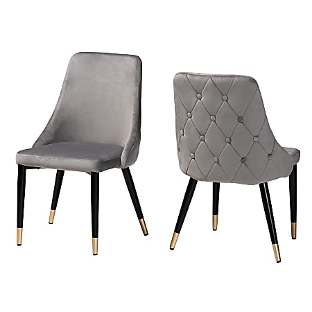 Baxton Studio Giada Velvet Fabric And Wood Dining Accent Chair Set, Glam Gray/Luxe Gray/Dark Brown, Set Of 2 Chairs