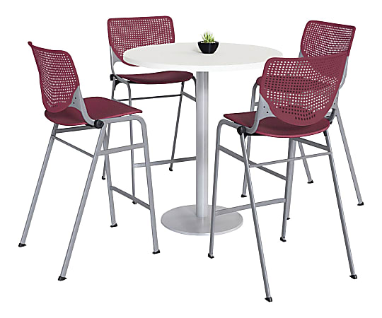 KFI Studios KOOL Round Pedestal Table With 4 Stacking Chairs, 41"H x 36"D, Designer White/Burgundy