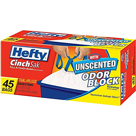Hefty CinchSak 13-gallon Drawstring Bags - 13 gal Capacity - Drawstring Closure - White - Garbage, Kitchen - 45/Pack - 6 / Carton