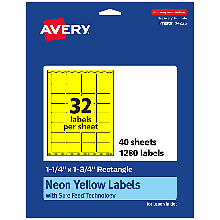 Avery® Printable Labels With Sure Feed® Technology, 94226-NYP40, Rectangle, 1-1/4" x 1-3/4", Matte Neon Yellow, Pack of 1280