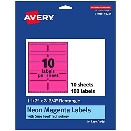 Avery® Print-To-The-Edge Labels With Sure Feed® Technology And Easy Peel®, 94205-NMP10, Rectangle, 1-1/2" x 3-3/4", Matte Neon Magenta, Pack of 100