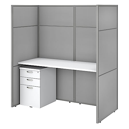 Bush Business Furniture Easy Office 60"W Cubicle Desk Workstation With File Cabinet And 66"H Closed Panels, Pure White/Silver Gray, Premium Installation