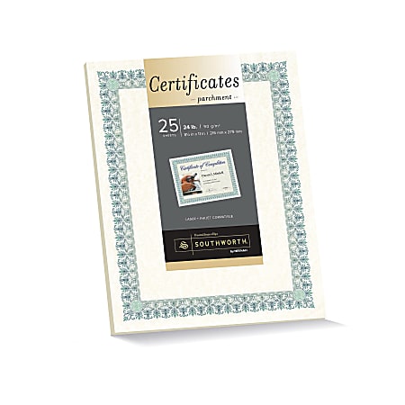 Southworth® Foil-Enhanced Parchment Certificates, 8 1/2" x 11", 24 Lb, Ivory/Green/Blue, Pack Of 25