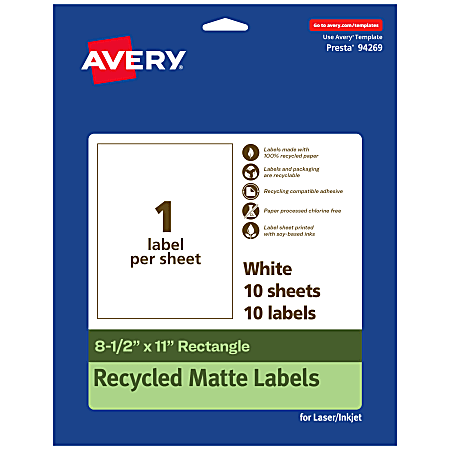 Avery® Recycled Paper Labels, 94269-EWMP10, Rectangle, 8-1/2" x 11", White, Pack Of 10