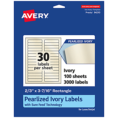 Avery® Pearlized Permanent Labels With Sure Feed®, 94210-PIP100, Rectangle, 2/3" x 3-7/16", Ivory, Pack Of 3,000 Labels