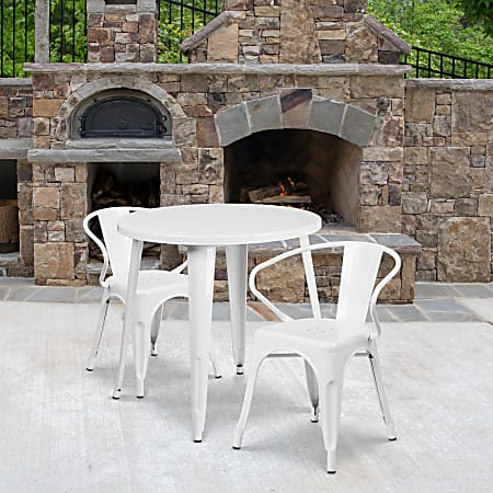 Flash Furniture Commercial Grade Round Metal Indoor-Outdoor Table Set With 2 Arm Chairs, 29-1/2"H x 30"W x 30"D, White