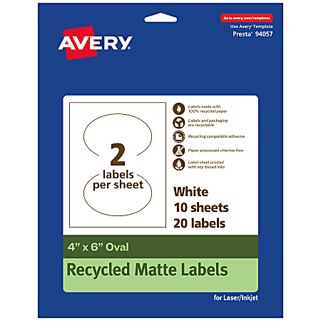 Avery® Recycled Paper Labels, 94057-EWMP10, Oval, 4" x 6", White, Pack Of 20