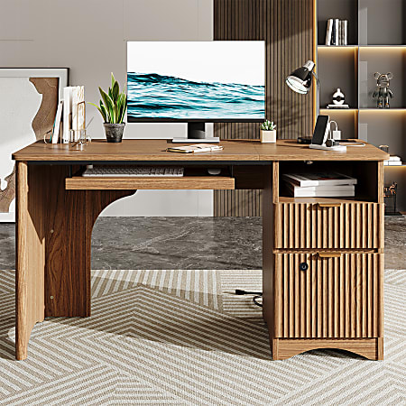 Bestier Executive Office Desk with Fingerprint Security and Power Outlet, Computer Desk with Drawer and Keyboard Tray, Brown