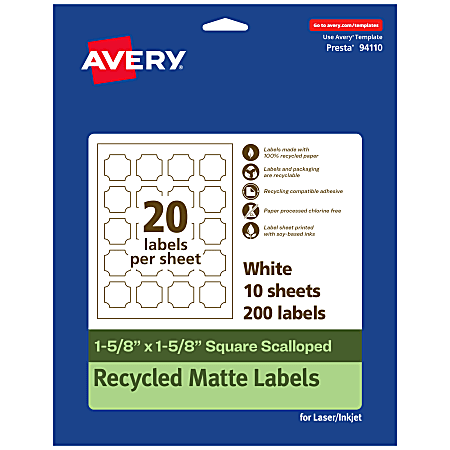 Avery® Recycled Paper Labels, 94110-EWMP10, Square Scalloped, 1-5/8" x 1-5/8", White, Pack Of 200