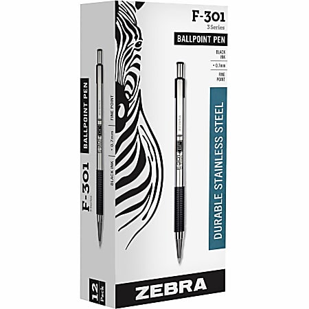 Zebra® Pen Stainless Steel Ballpoint Pens, Fine Point, 0.7mm, Stainless Steel, Black, Pack of 12