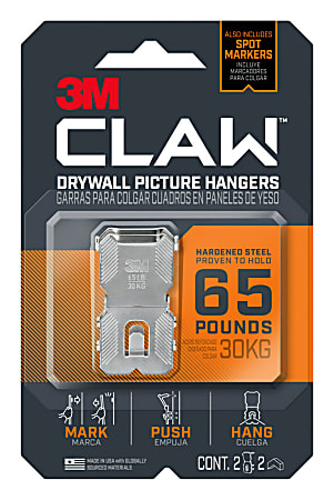 3M™ CLAW Drywall Picture Hangers, 65 Lb, Pack Of 2 Hangers