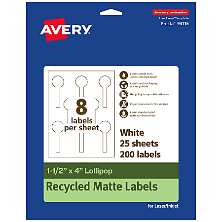 Avery® Recycled Paper Labels, 94116-EWMP25, Lollipop, 1-1/2" x 4", White, Pack Of 200