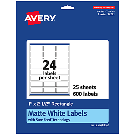 Avery® Permanent Labels With Sure Feed®, 94221-WMP25, Rectangle, 1" x 2-1/2", White, Pack Of 600