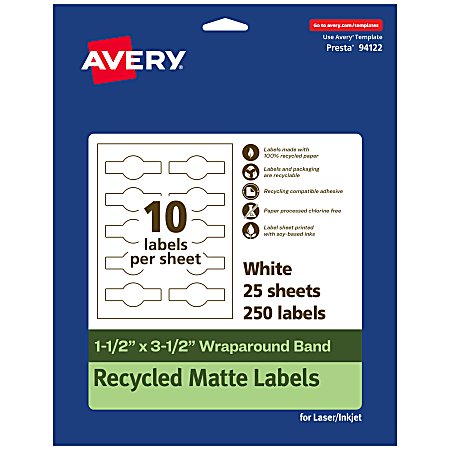 Avery® Recycled Paper Labels, 94122-EWMP25, Cigar, 1-1/2" x 3-1/2", White, Pack Of 250